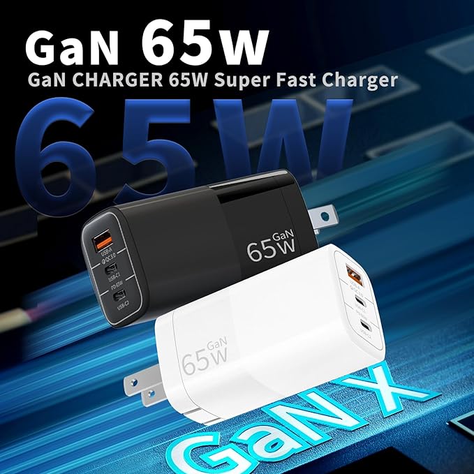 65W GaN Fast Charger, 3-Port USB C PD Power Adapter (2×USB-C + 1×USB-A) – Compact & Foldable for MacBook Pro/Air, iPhone 16, iPad, Galaxy S25, Dell XPS – Travel-Friendly & Overheating Protection