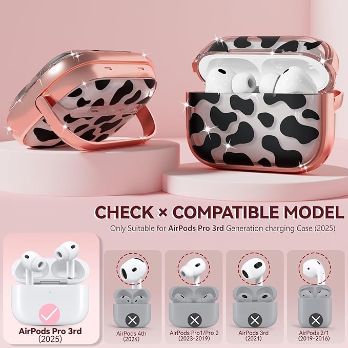 Inesore for AirPods Pro 3 Case 2025 with Lock, for Women Girly Floral Cute Case Compatible with Apple Airpods Pro 3rd Generation Cover, with Phone Stand,Keychain & Cleaner Kit- Cow Print