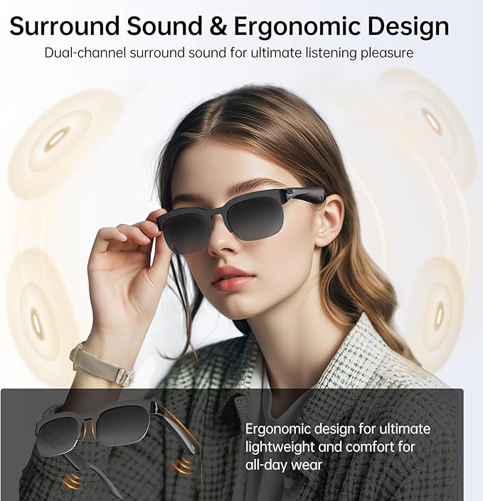 Smart Glasses with AI Translator, V6.0 Bluetooth Glasses with 150+ Translation, Smart Sunglasses for Men & Woman, Music Glasses with Long Battery Life, UV Protection, IPX5 Waterproof, Hands-Free Calls