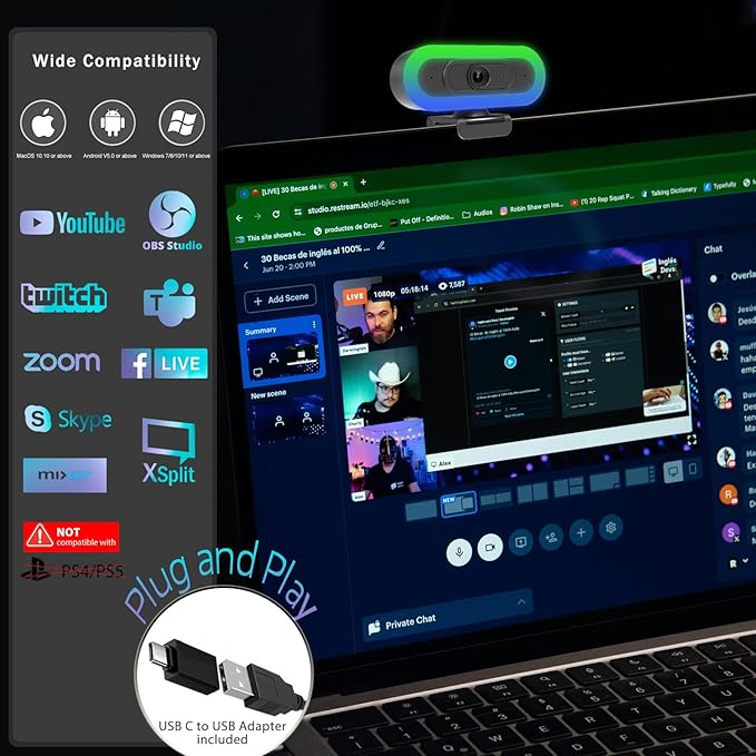2K USB C Camera Autofocus PC Webcam with Dual Microphones/Ring Light/Fill RGB Light/Cover, 65°FOV, Plug and Play Web-Cam Streaming Web Camera for Desktop Computer Laptop Mac Zoom
