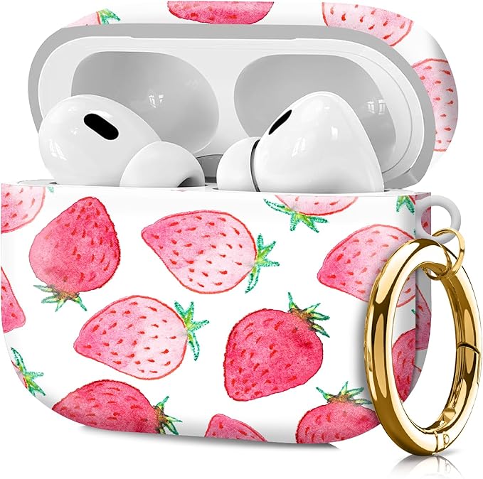 Compatible with Airpod pro 2nd/1st Generation Case Cover with Gold Round Keychain Cute Pattern Hard & Anti Slip Cover for Men Women & Girls（Pink Strawberry）