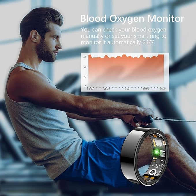 Ring Health Tracker for women Men, Fit Ring with Heart Rate, Blood Oxygen, Sleep Monitor, Calories, Step Counter, IP68 Waterproof Smart Ring for iPhone & Android.No Subscription Fee (Black, 12#)