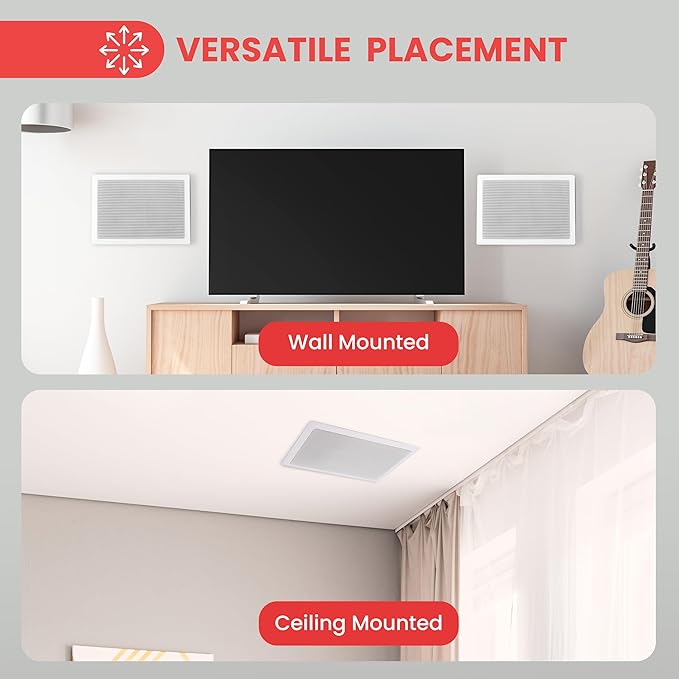 Pyle Ceiling Wall Mount Enclosed Speaker - 400 Watt Stereo In-wall / In-ceiling 8" Enclosed Full Range Deep Bass Speaker System - 50Hz-20kHz Frequency Response, 4-8 Ohm, Flush Mount - PDIW87 White