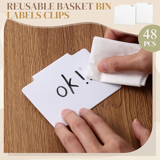 50 Pcs Basket Labels Clip Set for Storage Bins Include Removable PVC Bin Label Holders with Chalk Markers for Kitchen Pantry Organization Labeling Box Shelf 48+2 96+4 (White)