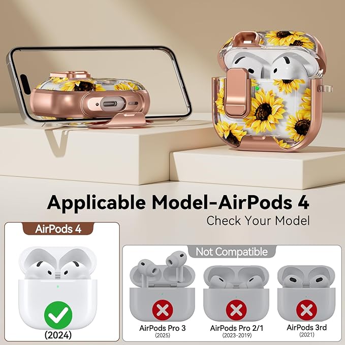 for AirPods 4 Case, with Safty Lock & Phone Stand for Floral AirPods 4th Generation Case Cover for Women Girly, iPod 4 Case with Keychain & Cleaner Kit - Yellow Sunflower