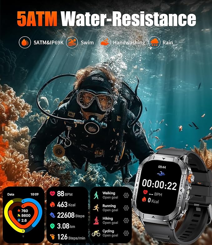 SUNKTA EF17 Mens Smart Watch with LED Flashlight, 2.13'' Amoled HD Display Fitness Tracker Watch, Pedometer/100+ Sport Modes/Sleep/5ATM Waterproof Smartwatch, Compatible iOS Android Smart Watches