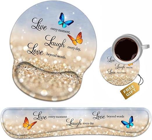 Keyboard Wrist Rest + Mouse Pad Wrist Support Set with Coasters, Non-Slip PU Base Ergonomic Mousepad for Home Office Working Studying Easy Typing & Pain Relief, Glitter Quote Live Laugh Love