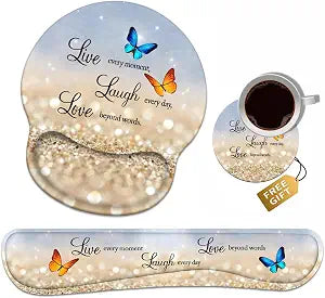 Keyboard Wrist Rest + Mouse Pad Wrist Support Set with Coasters, Non-Slip PU Base Ergonomic Mousepad for Home Office Working Studying Easy Typing & Pain Relief, Glitter Quote Live Laugh Love