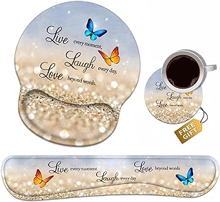 Keyboard Wrist Rest + Mouse Pad Wrist Support Set with Coasters, Non-Slip PU Base Ergonomic Mousepad for Home Office Working Studying Easy Typing & Pain Relief, Glitter Quote Live Laugh Love - Image 1