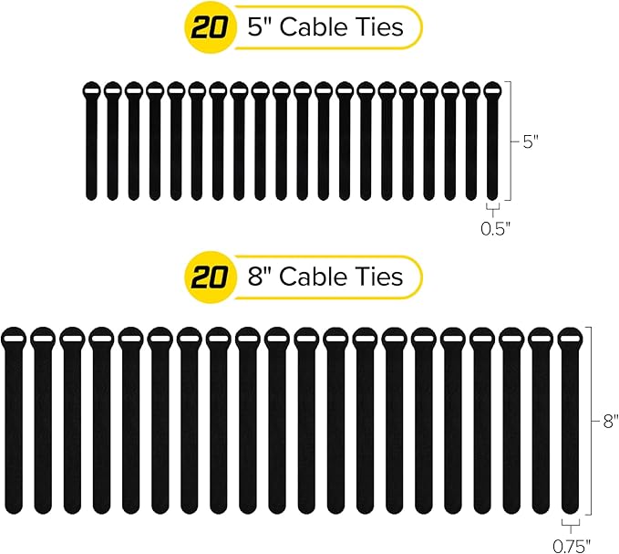 Self-Gripping Cable Ties by Wrap-It Storage, Black, 40 Pack (5 Inch and 8 Inch Straps) – Reusable Hook and Loop Cord Organizer Cable Ties for Cord Management and Desk or Office Organization