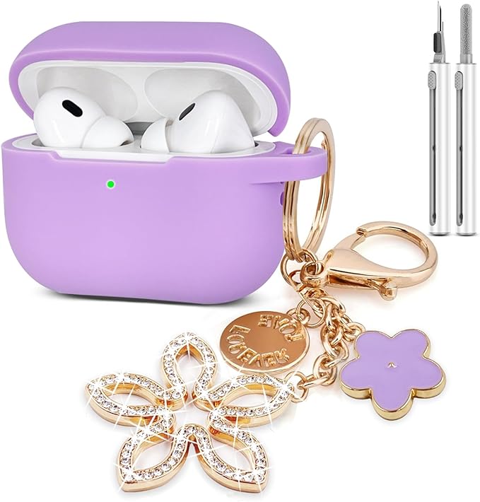 Compatible with AirPods Pro 2nd Generation Case with Cleaner Kit, Silicone Protective Case for Apple AirPod Pro 2nd/1st Earbuds Wireless Charging Cases with Bling Keychain (Light Purple)