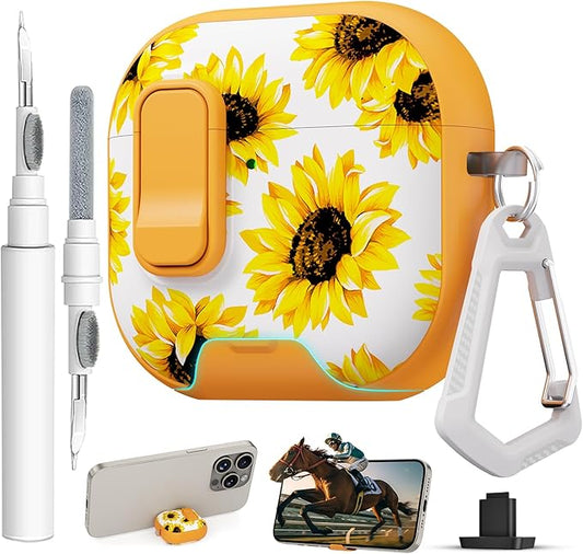for AirPods 4 Case with Secure Lock Clip in Phone Stand,Floral Girly Style Protective Cover with Cleaning Kit and Hand Strap for Apple AirPod 4 Generation (Yellow Sunflower)