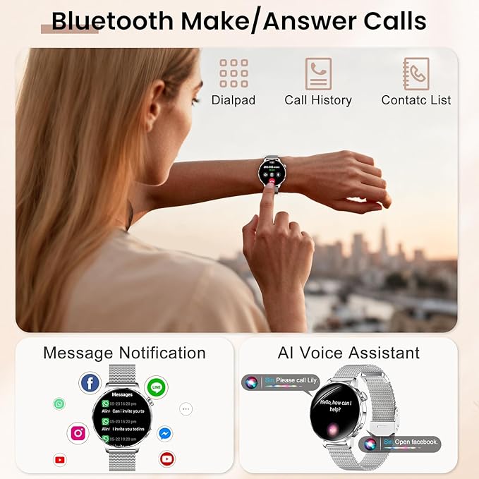 Smart Watches for Women, 1.27'' Smartwatch (Answer/Make Calls) Compatible with iPhone/Android Phones, IP68 Waterproof Fitness Tracker Watch with Sleep Monitor,100+ Sports Modes (Silver)