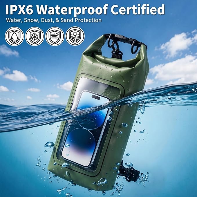 Waterproof Dry Bag, 2L Roll Top Waterproof Bag IPX8 with Crossbody Strap, Phone Clear Window, Phone Pouch Water Protector for Camp Beach Travel, Cruise Essentials, Kayak Accessories (Army Green)