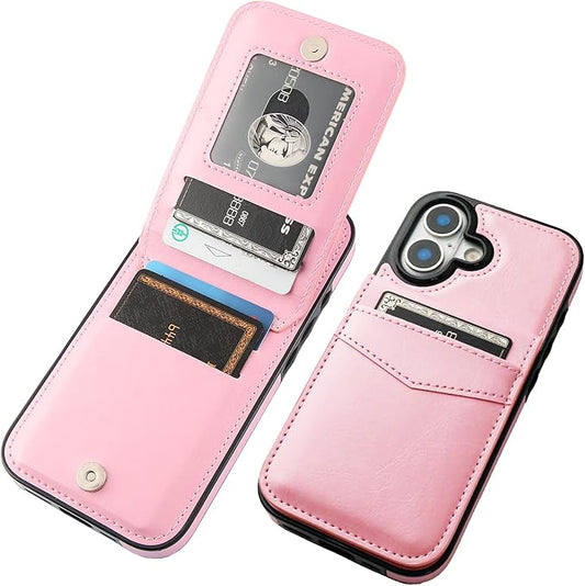 KIHUWEY Compatible with iPhone 17 Case Wallet with Credit Card Holder, Flip Premium Leather Magnetic Clasp Kickstand Heavy Duty Protective Cover for iPhone 17 6.3 Inch (Pink)