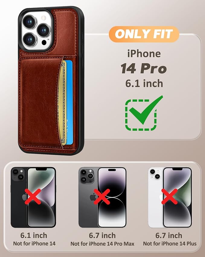 for iPhone 14 Pro Case with Wallet - Fits 4 Card Slots, Compatible with MagSafe for Women Men Durable PU Leather Credit Card Holder Kickstand Phone Cover for Apple 14 Pro, Brown
