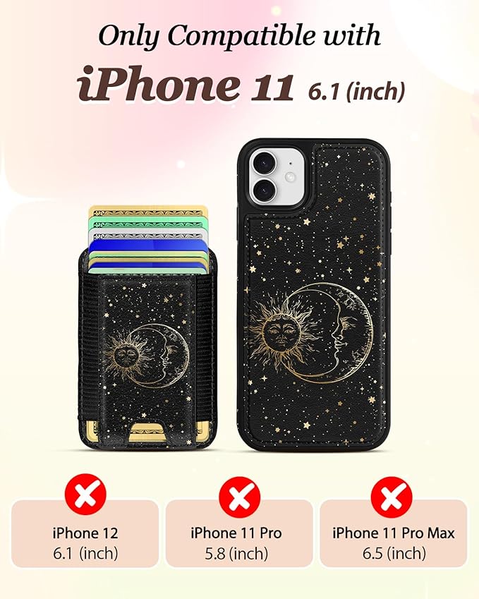 Shorogyt for iPhone 11 Wallet Case - Fits 5 Cards, Compatible with Magsafe Detachable Magnetic Credit Card Holder Leather Cardholder Cute Phone Cover Women Girls for Apple 11, Sun Moon