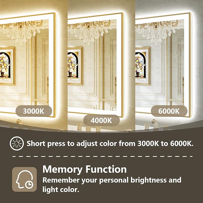 30x30 Inch LED Bathroom Mirror with Lights (Front Lit and Backlit) Gold Framed Lighted Vanity Mirror for Bathroom Wall Dimmable Anti-Fog Memory Tempered Glass Horizontal/Vertical