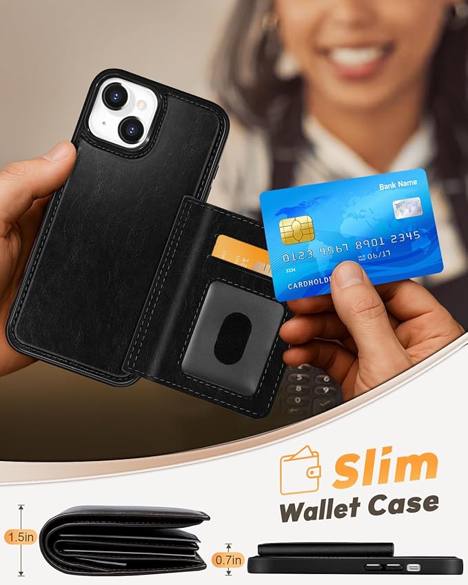 for iPhone 15 Plus Case with Wallet - Fits 4 Card Slots, Compatible with MagSafe for Women Men Durable PU Leather Credit Card Holder Kickstand Phone Cover for Apple 15 Plus, Black