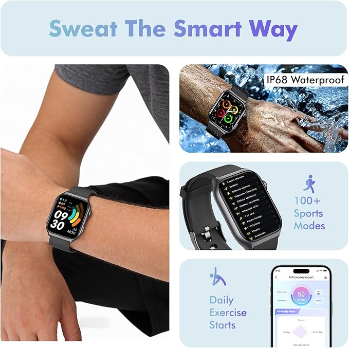 YMS Android Smart Watch for Women - Bluetooth Call,Compatible with Android & iOS，2.0" HD Screen, Heart Rate/Sleep/Step Tracker, 100+ Sports Modes,IP68 Waterproof Men Fitness Tracker (Black)