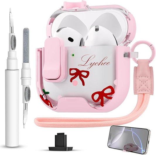for AirPods 4 Case with Secure Lock Clip in Phone Stand,Floral Girly Style Protective Cover with Cleaning Kit and Hand Strap for Apple AirPod 4 Generation (Pink Bow)