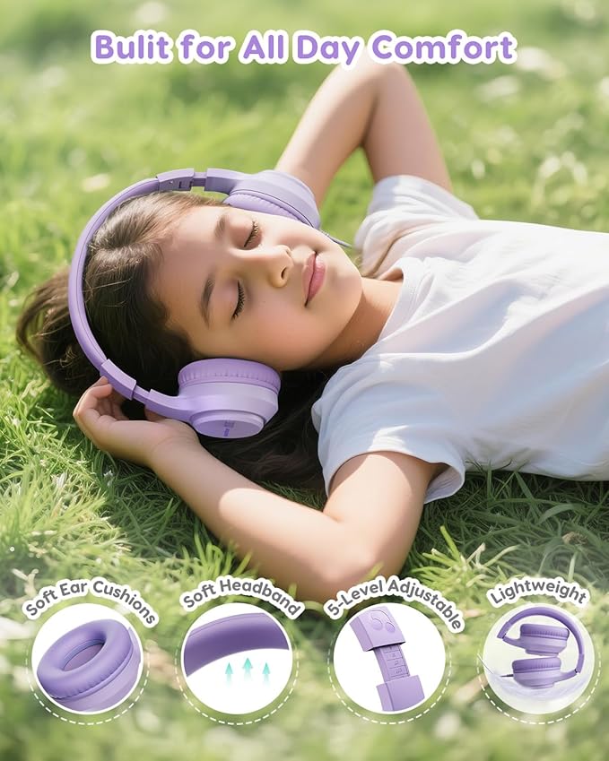 Kids Headphones, 74/85/94dB Volume Limiter, Foldable Wired Over Ear Headphones for Travel, 3.5mm Jack, Toddler Headphones for School, Chromebook, iPad, Tablet, Purple
