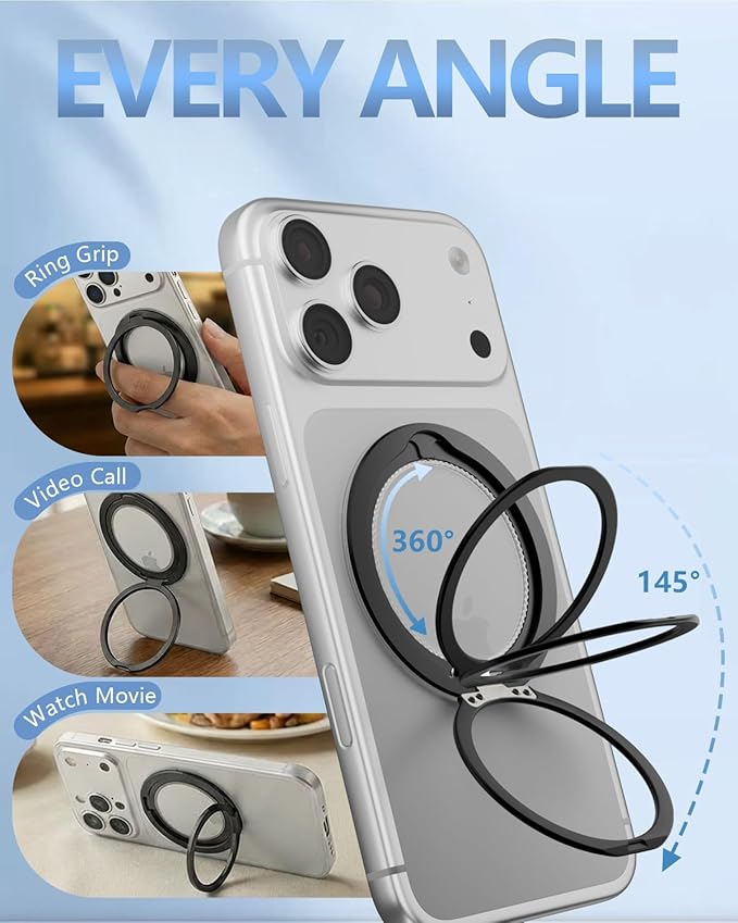 SEMBO Magnetic Phone Ring Holder for MagSafe, 0.1'' Ultra Thin 360° Rotation Cell Phone Grip Stand Finger Ring Kickstand Compatible with iPhone 17 Pro Max 16 15 14 13 12 MagSafe Accessories (Black)
