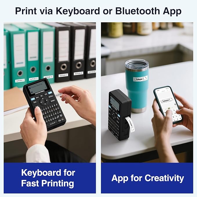 SUPVAN E11 Bluetooth Label Maker Machine, Support Keyboard & App with 40 Fonts and 650+ Icons, Rechargeable Inkless Labeler for Home, Kitchen, Office, School, Organization, Black