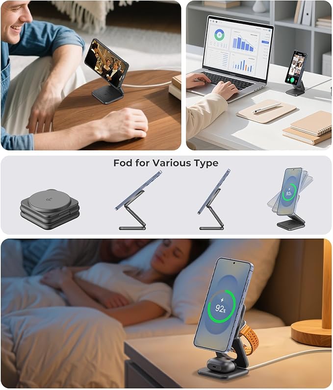 KU XIU Qi2 Certified 3 in 1 Charging Station for Samsung, Aluminum Alloy Foldable 15W Wireless Charger for Galaxy S26 S25 Series Z Flod 7, Fast Charger for Galaxy Watch Ultra, for Galaxy Buds
