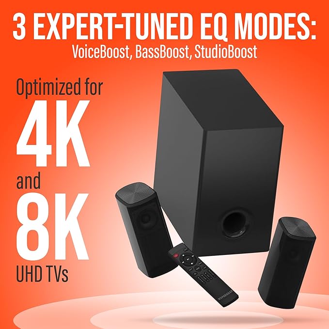 HyperGear SB51a 5.1 Surround Sound System for TV – 90W Home Theater Sound System, Soundbar, Subwoofer & Dual Speakers w/Bass, HDMI ARC & Optical Inputs for 4K/8K UHD TVs, Wall-Mountable Speakers