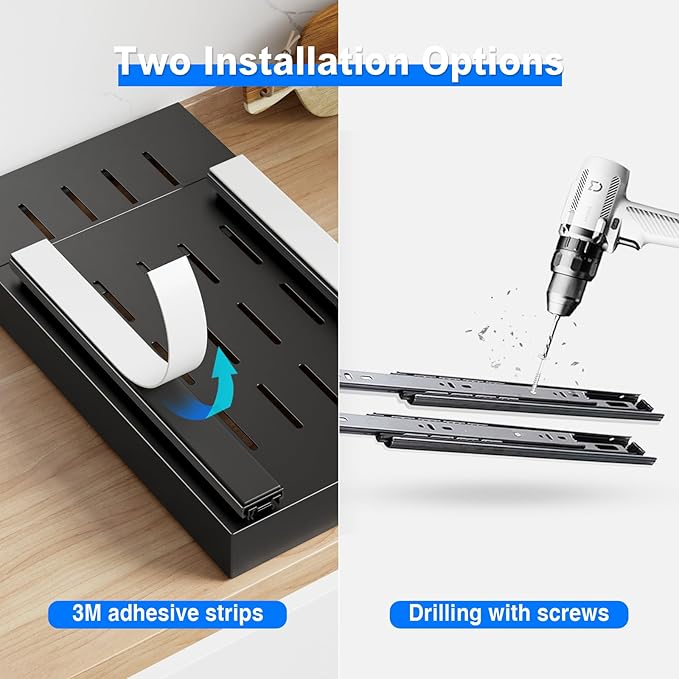 2 Pack Pull Out Cabinet Organizer,21.8" Deep Slide Out Drawer for Cabinets Adhesive Pull Out Drawers Heavy Duty Pull Out Shelves for Kitchen,Cupboard,Pantry,Bathroom-Black