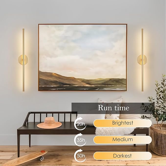 Battery Operated Wall Sconces, Dimmable Wall Sconces Set of Two, 350°Rotate, 3000K LED Gold Wireless Wall Light for Living Room, Bedroom, Hallway, 32.2 Inch (2 Pack)