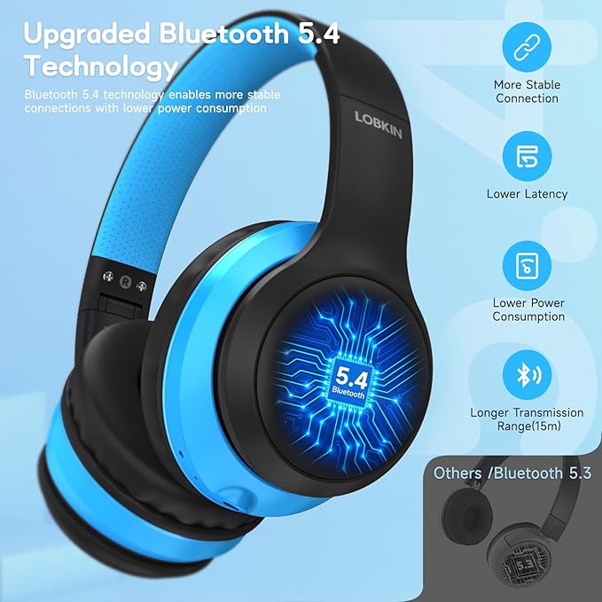 LOBKIN Kids Headphones Bluetooth 5.4,Over Ear Kids Headphones Wireless with Mic 50H Playtime Colorful LED Lights AUX Cord 94dB Safe Volume Limited Foldable Design for Boy Girl Travel/School/iPad