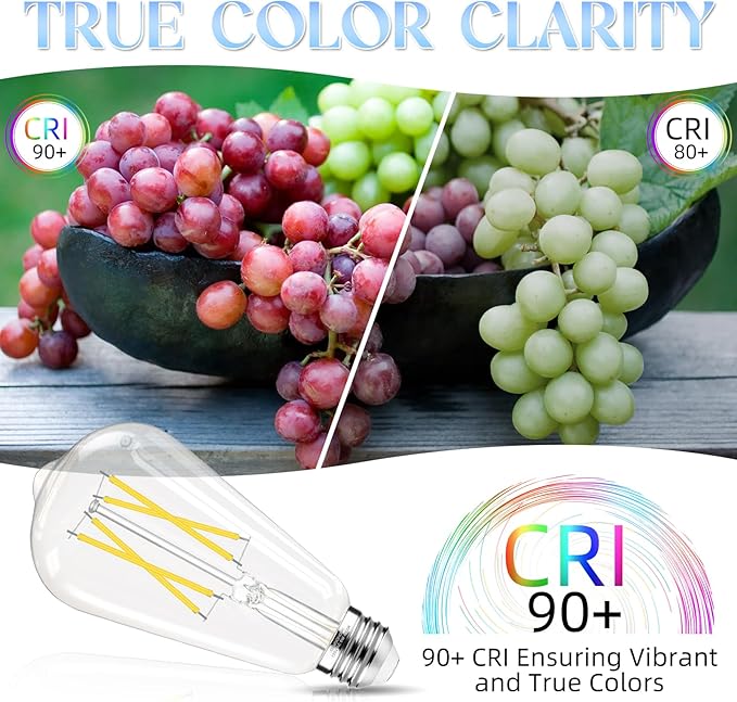 Edison Bulbs, E26 LED Bulb 60 watt Equivalent, Non-Dimmable, 4000K Daylight White, ST58 Vintage Light Bulbs, 90+ CRI, 6W 600LM, E26 Medium Base, Clear Glass, 6 Pack