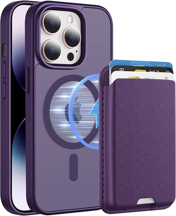 Magnetic for iPhone 14 Pro Case with Card Holder, Compatible with MagSafe, Slim Shockproof Phone Cover with Detachable Wallet, Built-in Magnet Ring, Purple
