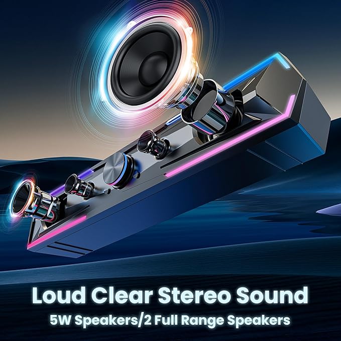 Pc Speakers Computer Sound Bar with Stereo Sound, Flowing LED & Push-Button Control Computer Speaker for Desktop Laptop Monitor, USB Input