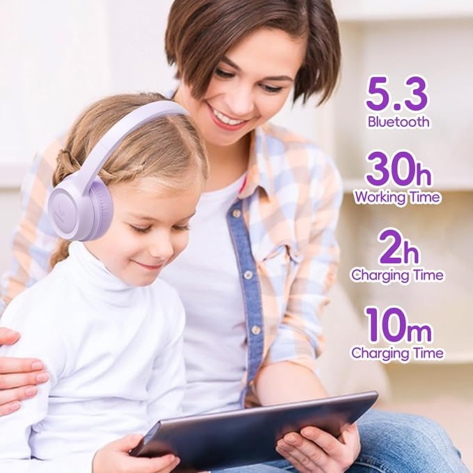 Kids Bluetooth Headphones,Kids Headphones Wireless with 85dB Volume Limiter, 30H Playtime, Adjustable Headband,Over-Ear Headphone for Kid School Online Class Travel(Purple)