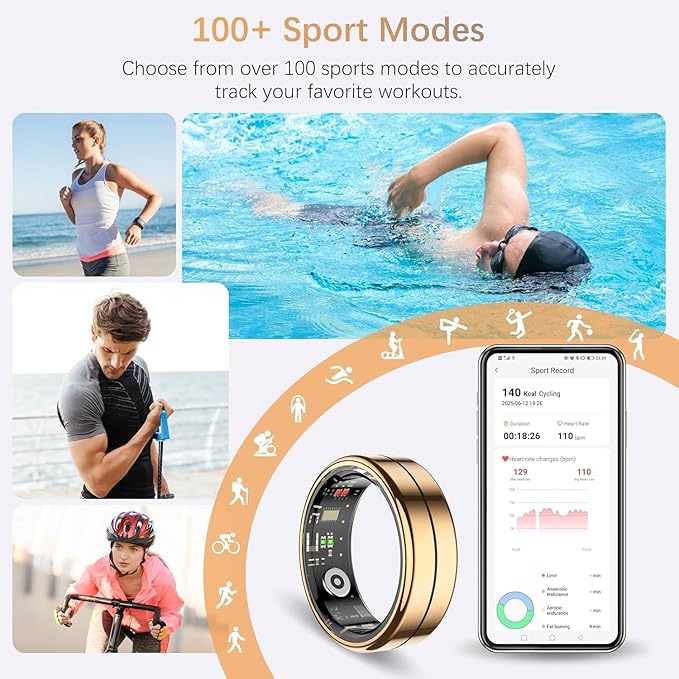 Fit Ring for Women Men, Ring Health Tracker with Heart Rate,Blood Oxygen,Heart Rate Variability, Stress, Sleep Monitor, Step Counter, Smart Ring for iPhone & Android, No Subscription Fee (Gold, 7#)
