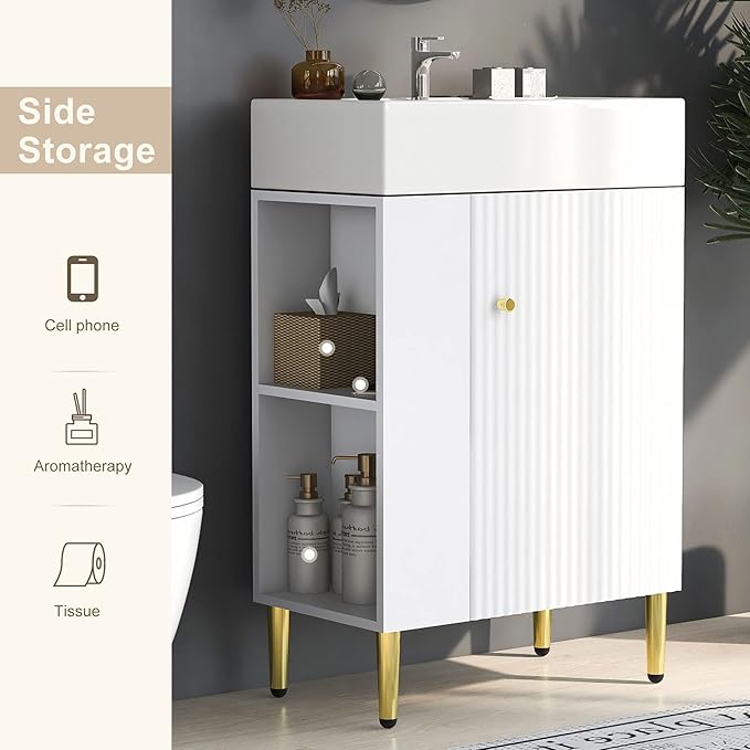 Favfurish 21.6" Bathroom Vanity with Rectangle Ceramic Vessel Sink Combo,Freestanding Left Side Storage Cabinet W/Soft-Close Doors,Assembled Quickly,for Small Spaces,White