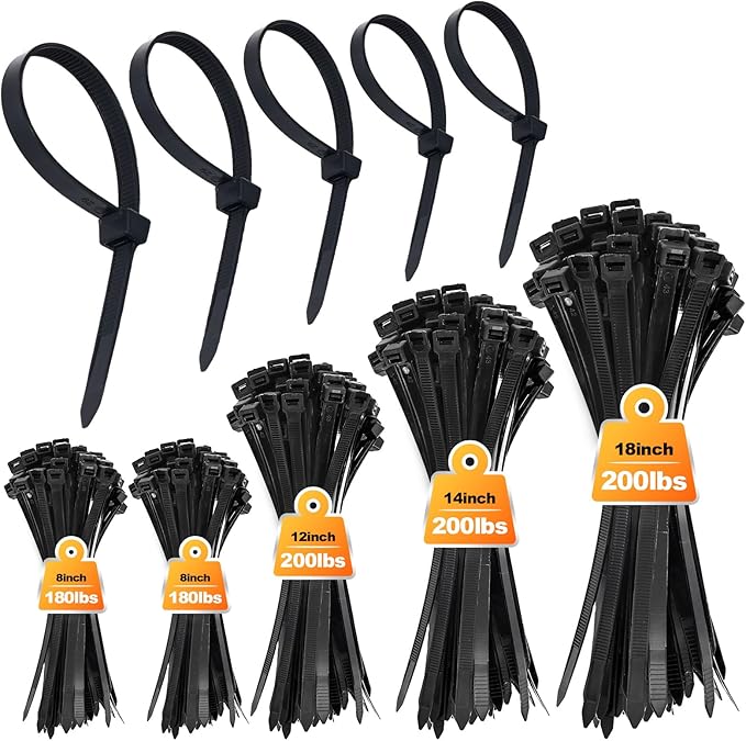 8''+12''+14''+18'' Zip Ties Assorted Sizes, 500 Pack 200 LBS Black Cable Ties - Heavy Duty Nylon Wire Ties, Self-Locking, UV Resistant for Indoor/Outdoor Use