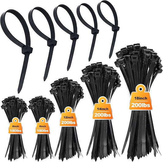 8''+12''+14''+18'' Zip Ties Assorted Sizes, 500 Pack 200 LBS Black Cable Ties - Heavy Duty Nylon Wire Ties, Self-Locking, UV Resistant for Indoor/Outdoor Use