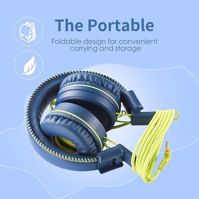 M1 Kids Headphones Wired Headphone for Kids,Foldable Adjustable Stereo Tangle-Free,3.5MM Jack Wire Cord On-Ear Headphone for Children (Blue)