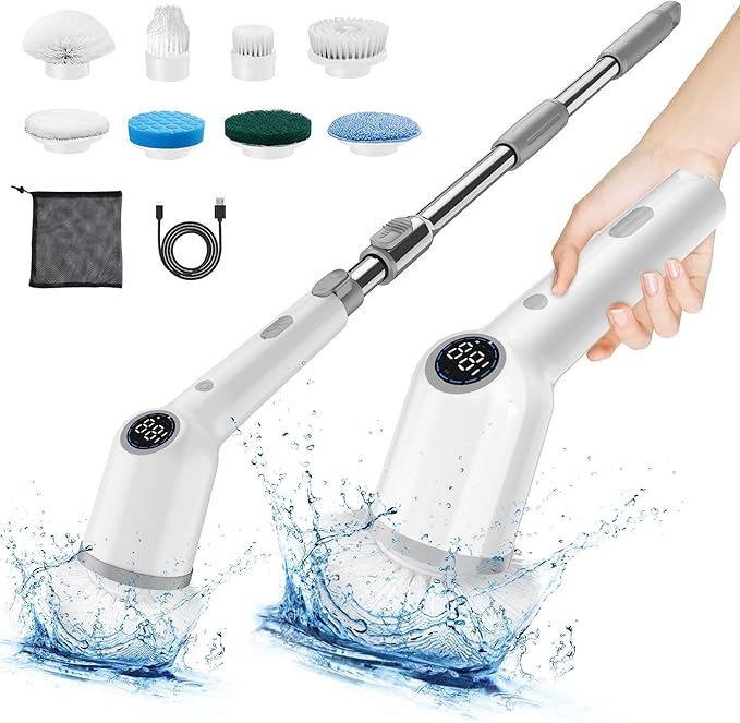 Electric Spin Scrubber for Bathroom,Shower Cleaning Brush,Cordless Shower Scrubber with 8 Replaceable Brush Heads and Adjustable Extension Handle,3 Adjustable Speeds for Kitchen Car, White