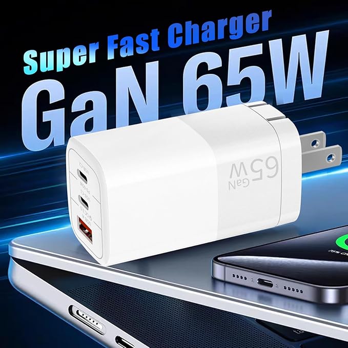 65W GaN Fast Charger, 3-Port USB C PD Power Adapter (2×USB-C + 1×USB-A) – Compact & Foldable for MacBook Pro/Air, iPhone 16, iPad, Galaxy S25, Dell XPS – Travel-Friendly & Overheating Protection