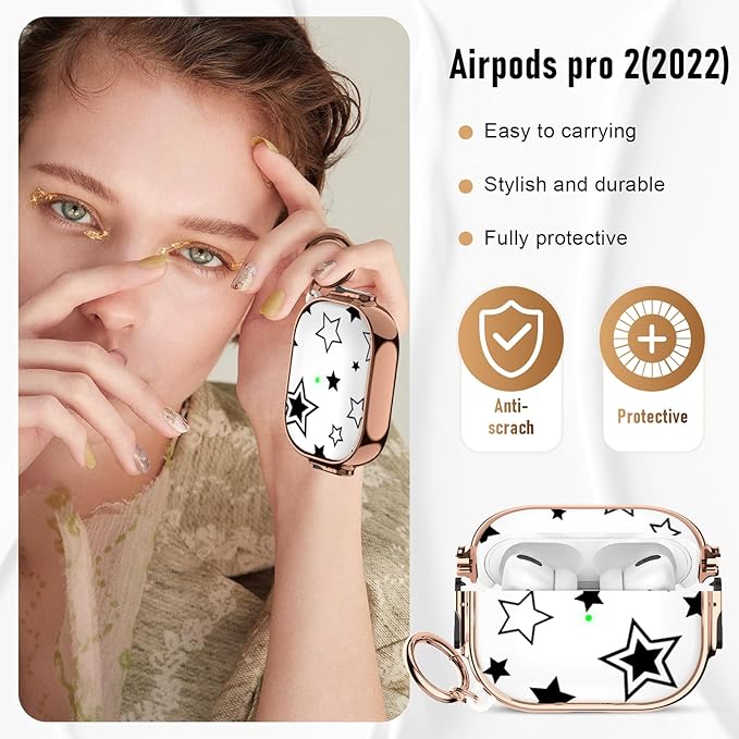 Maxjoy for Cute Airpods Pro 2 case with Safety Lock,Compatible Airpods Pro Case 2nd/1st Gen,Compatible Black Five Pointed Star AirPods Case Cover for Women Girly with Keychain-Transparent
