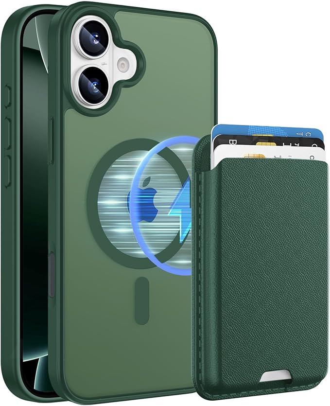 Magnetic for iPhone 16 Case with Detachable Wallet, Compatible with MagSafe, Credit Card Holder with Slim Shockproof Protective Phone Cover, Green