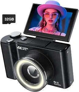 W & O 4K Digital Camera for Photography,180°Flip Screen Kids Digital Camera