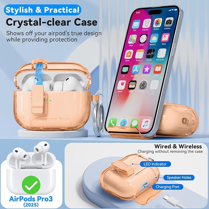 for AirPods Pro 3 Case 2025 with Phone Stand & Secure Lock, Auto-Open Clear Case Cover Compatible with Apple AirPods Pro 3rd Generation with Cleaning Kit & Keychain