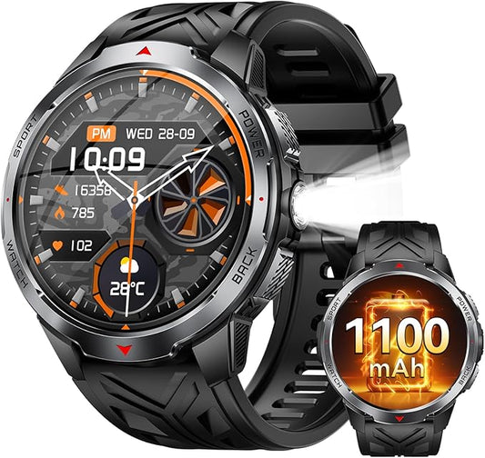 Military Smart Watch for Men with 1100 mAh Battery/LED Flashlight, 1.7" Rugged Tactical Smartwatch with Text and Call/Compass, 5ATM Waterproof Fitness Tracker with HR/Sleep Monitor for iPhone Android