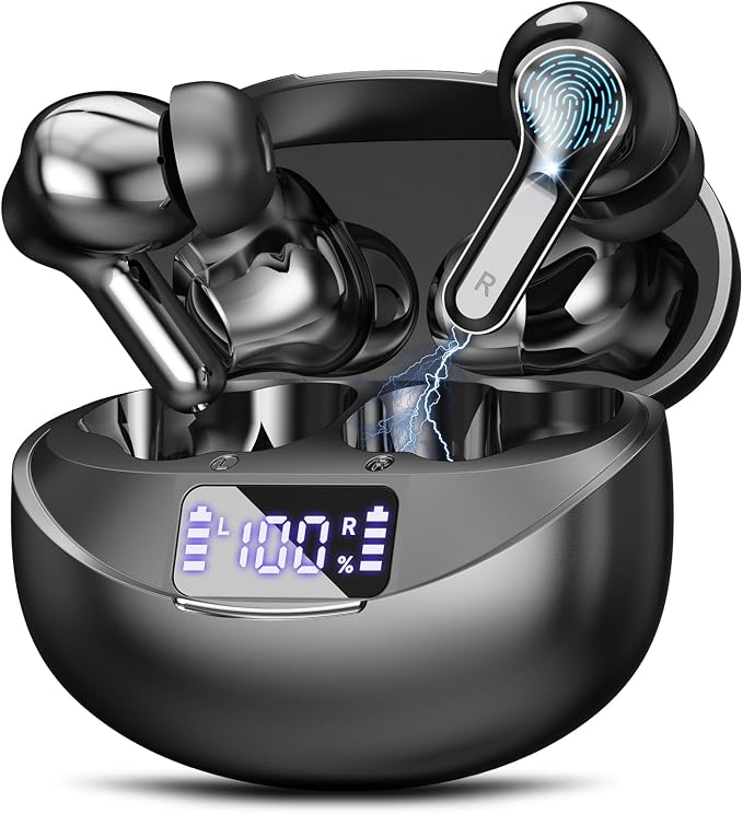 Wireless Earbuds Bluetooth 5.4 Headphones, Noise Cancelling Mic Ear Buds with 50H Playback, LED Digital Display, lPX7 Waterproof Earphones for Office/Running/Workout(Black)